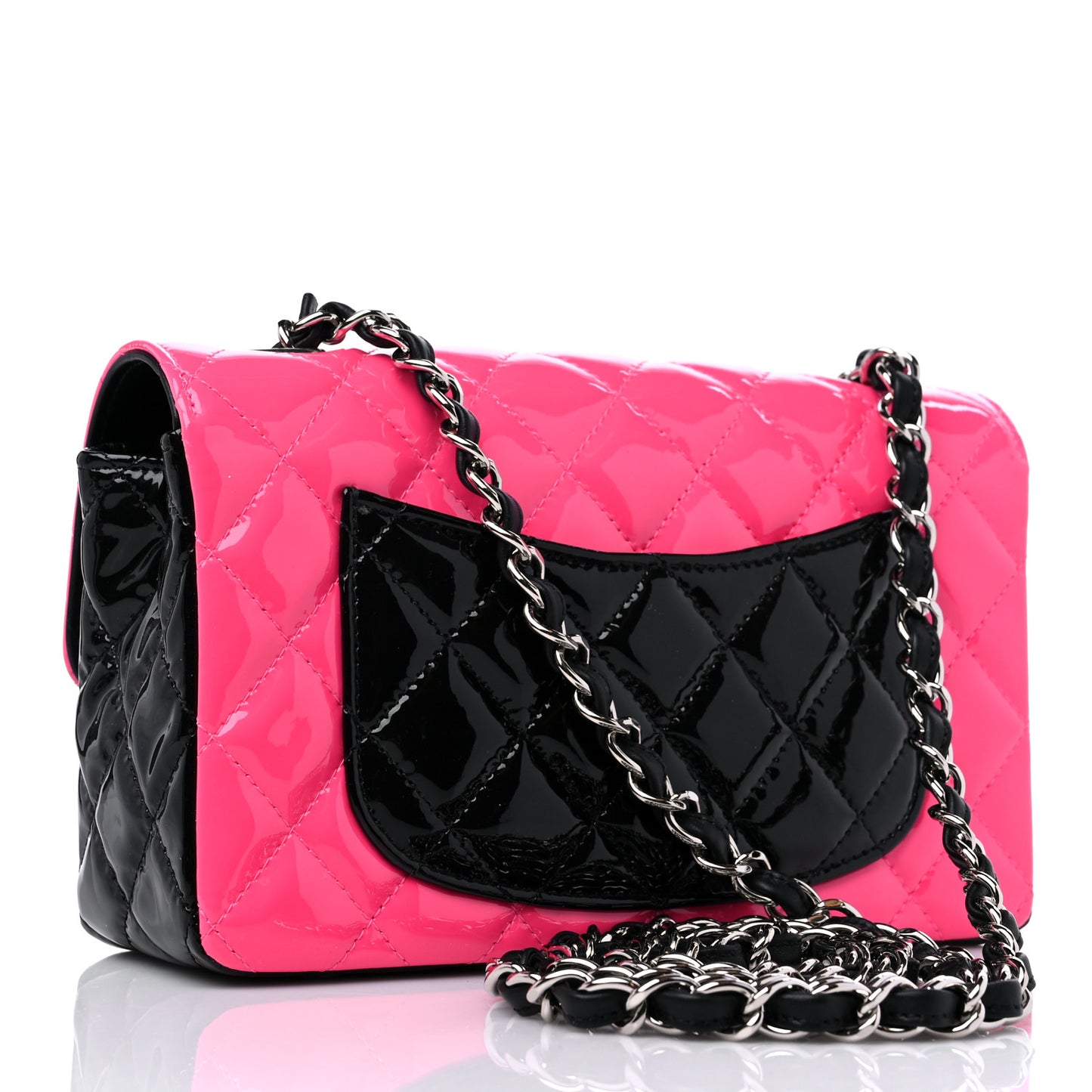 Patent Calfskin Quilted Bi-Color Mini Rectangular Flap Pink Black