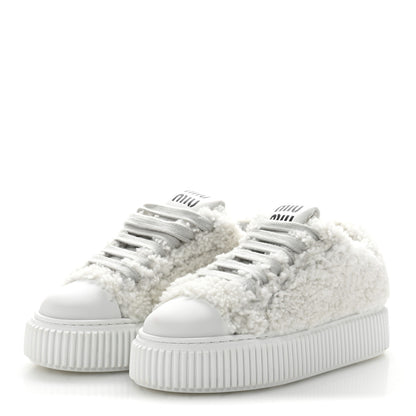 Miu Miu Montone Shearling Low Top Platform Sneakers 35 Bianco 4 of 9