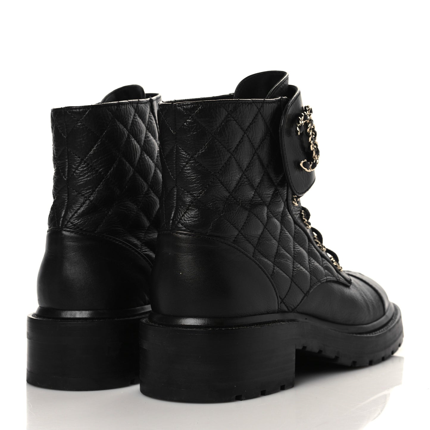 Shiny Goatskin Calfskin Quilted Lace Up Combat Boots 38.5 Black