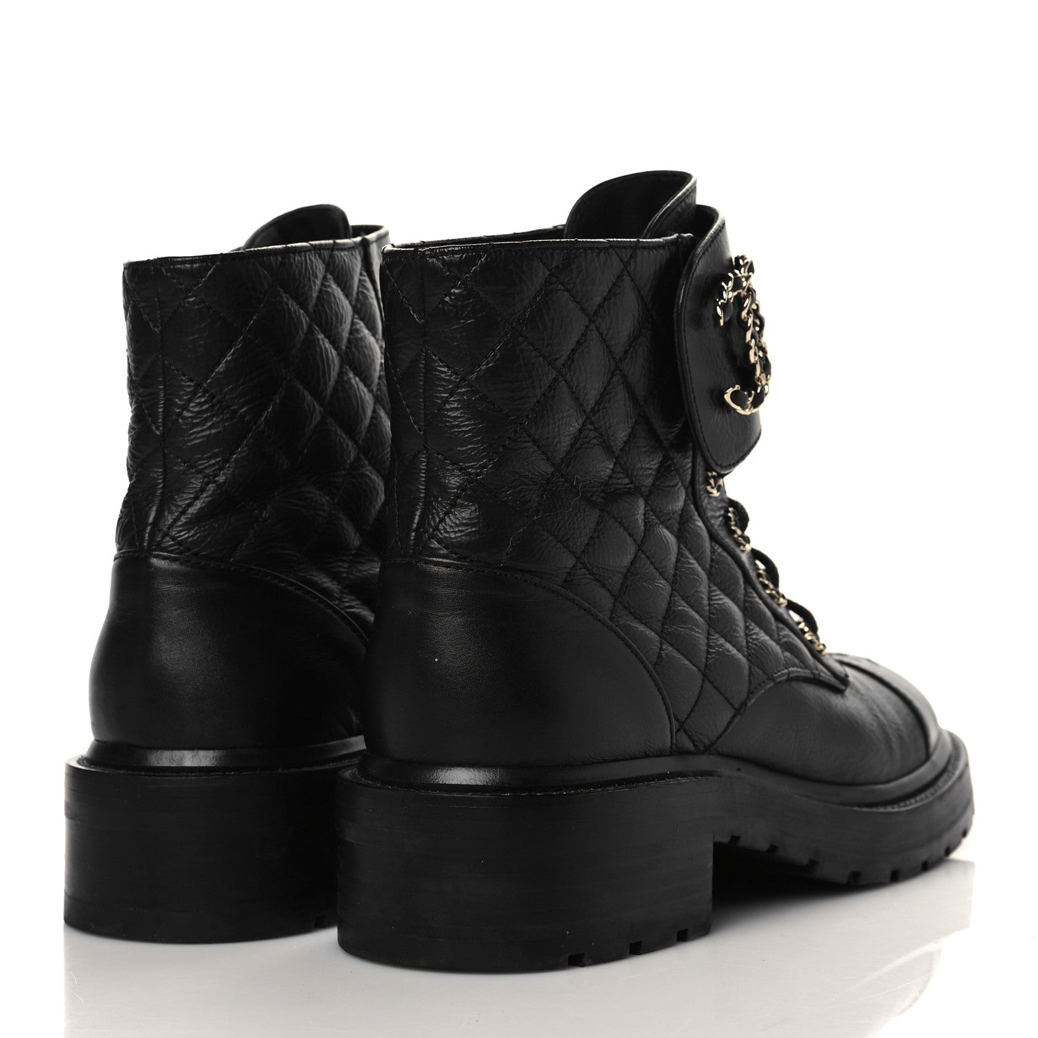 Chanel Shiny Goatskin Calfskin Quilted Lace Up Combat Boots 38.5 Black 4 of 7