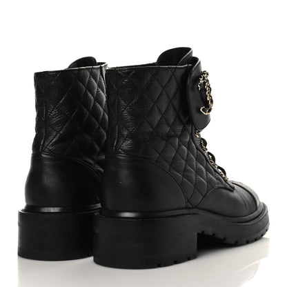 Chanel Shiny Goatskin Calfskin Quilted Lace Up Combat Boots 38.5 Black 4 of 7