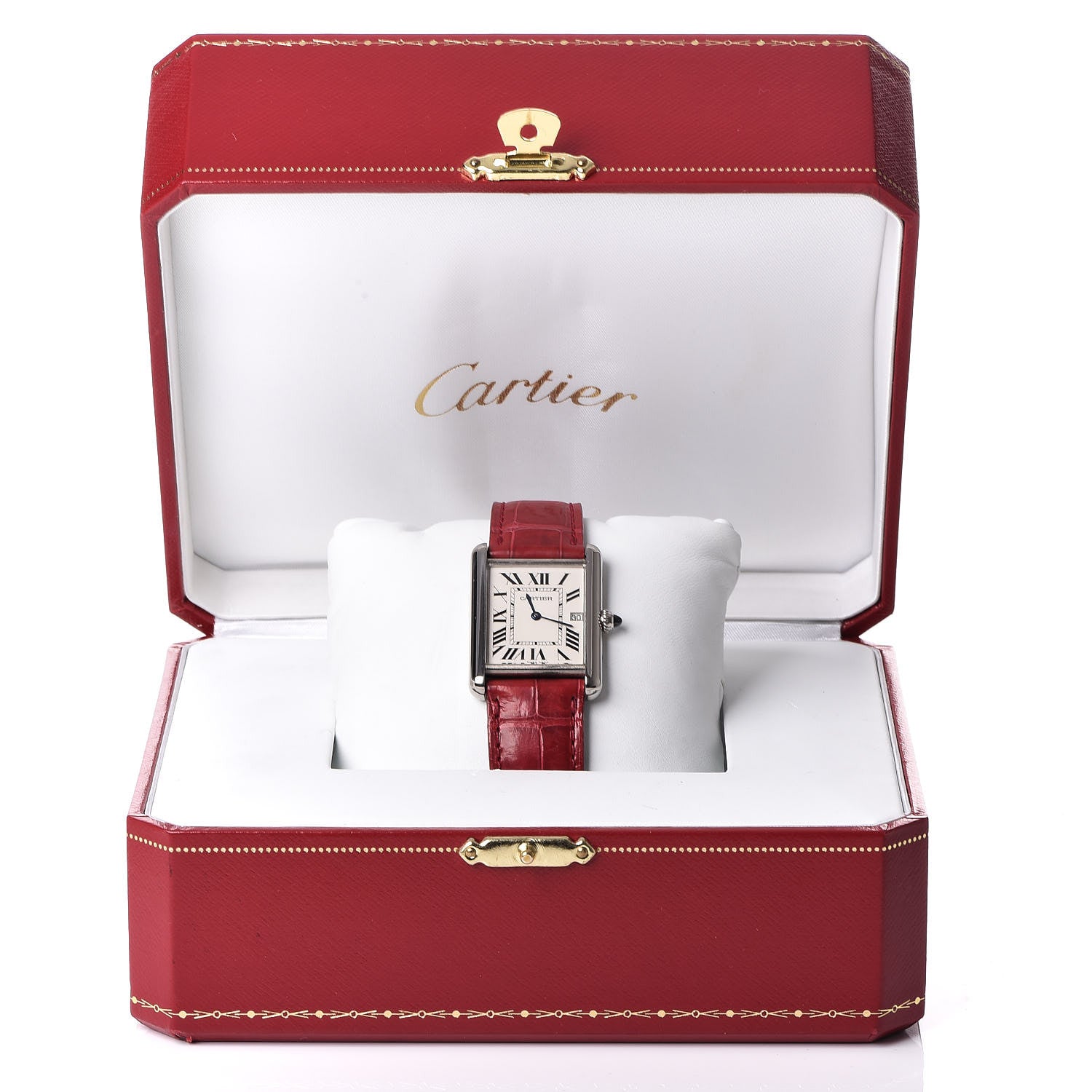 Cartier 18K White Gold Alligator 26mm Tank Louis Quartz Watch Red 10 of 10