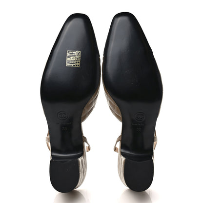 Chanel Lambskin Patent Calfskin Quilted Cap Toe CC Slingback Pumps 39 Beige Black 5 of 8