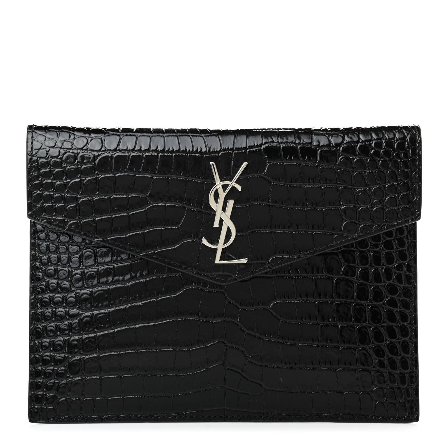 Saint Laurent Calfskin Crocodile Embossed Monogram Uptown Baby Pouch Black 1 of 7