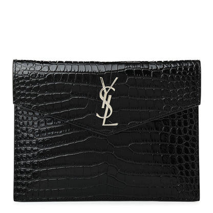 Saint Laurent Calfskin Crocodile Embossed Monogram Uptown Baby Pouch Black 1 of 7