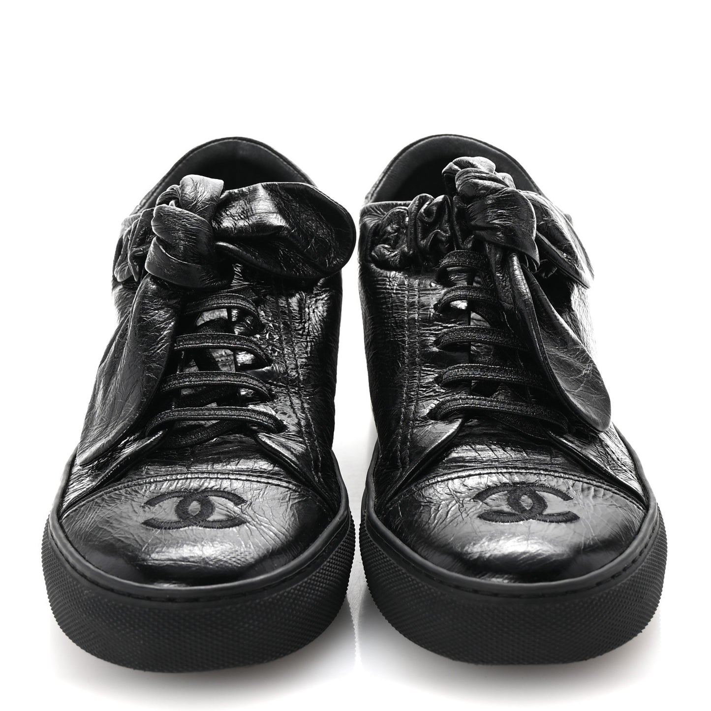 Crumpled Calfskin Womens CC Bow Sneakers 36.5 Black