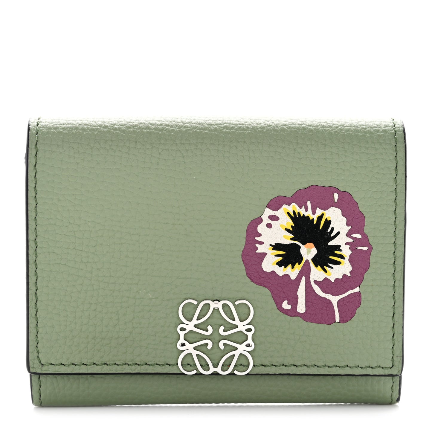Pebble Grain Calfskin Pansies Print Coin Cardholder Rosemary