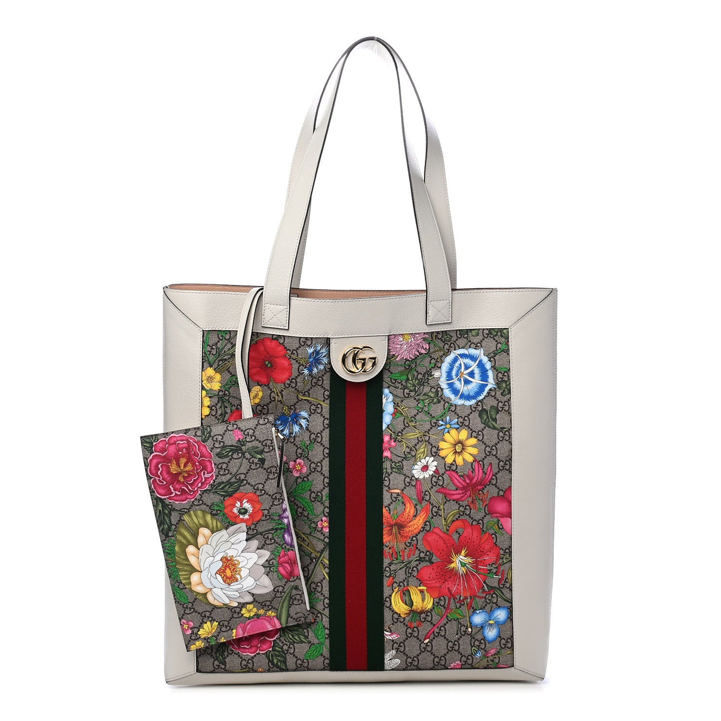 GG Supreme Monogram Flora Web Ophidia Vertical Shopping Tote White