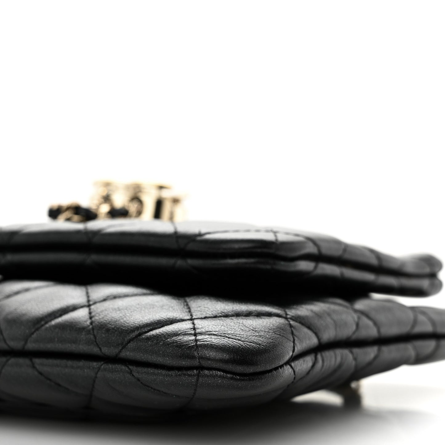 Shiny Lambskin Quilted Medium Double Case With Strap Black