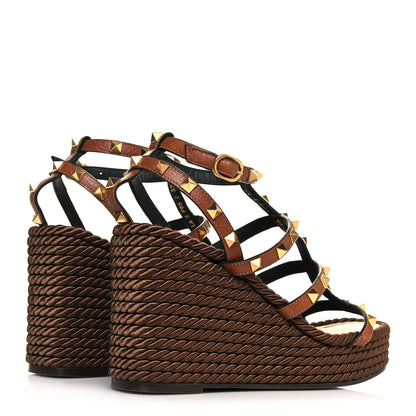 Valentino Garavani Calfskin Rockstud Ankle Strap Torchon Espadrille Caged 25/95mm Wedge Sandals 37 Cuoio 4 of 7