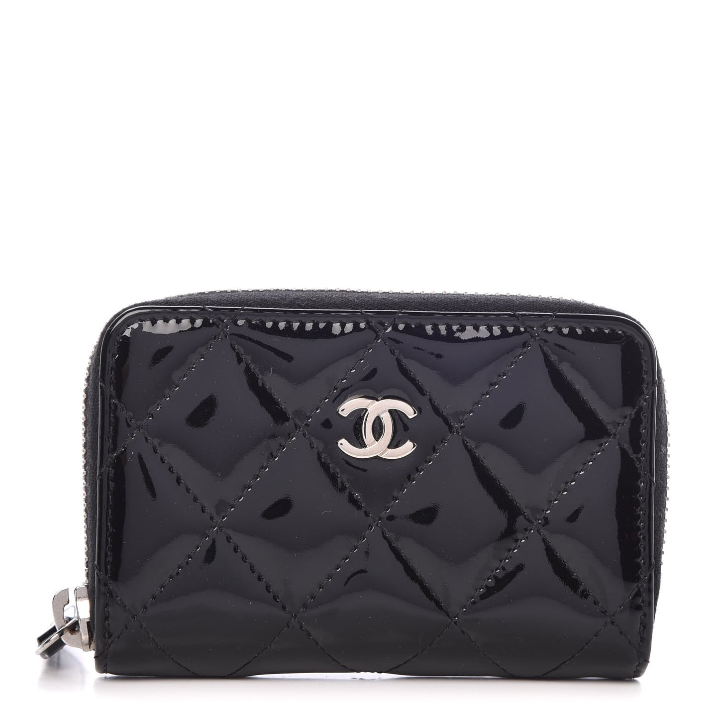 Patent Calfskin Quilted Zip Coin Purse Black