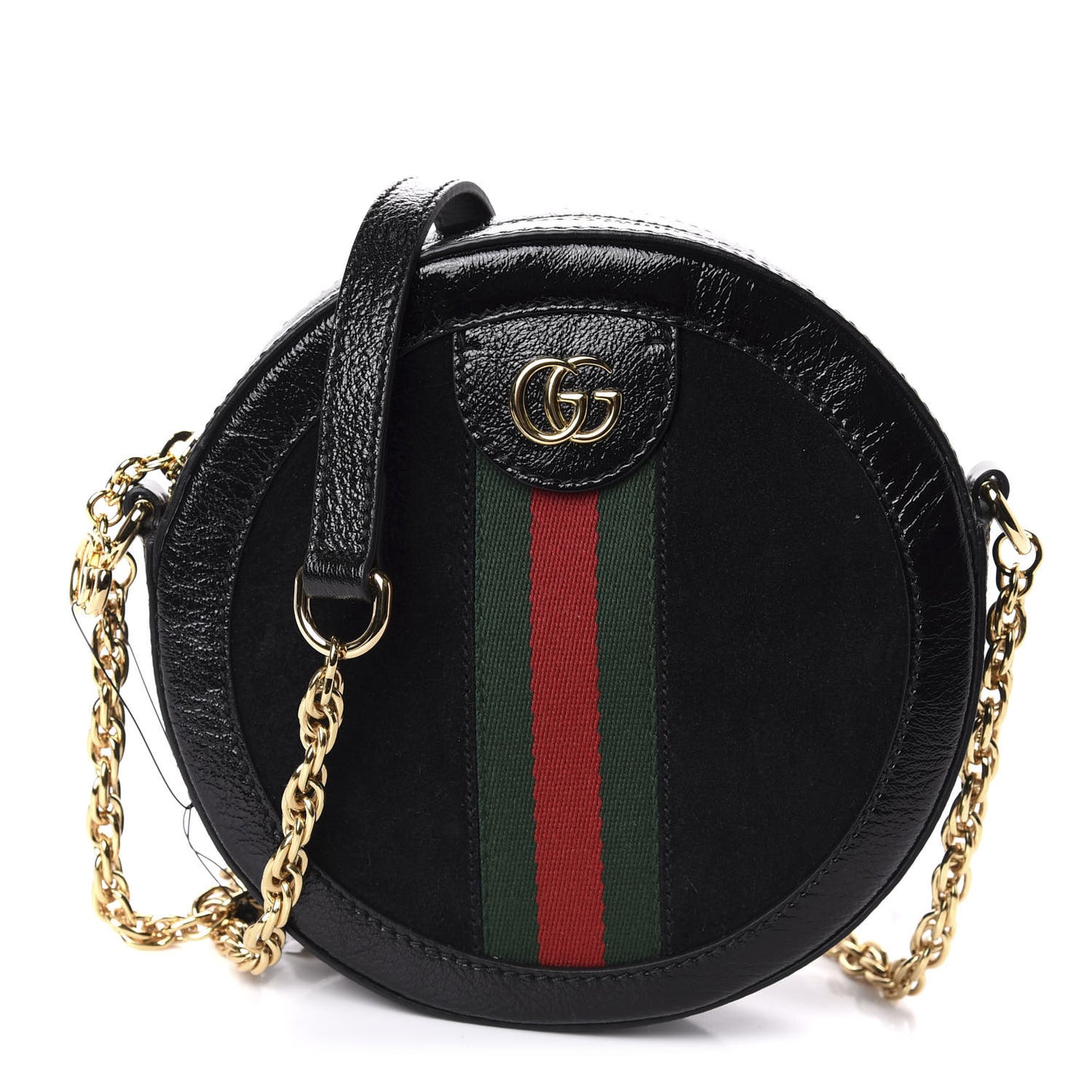 Suede Patent Web Mini Ophidia Round Shoulder Bag Black