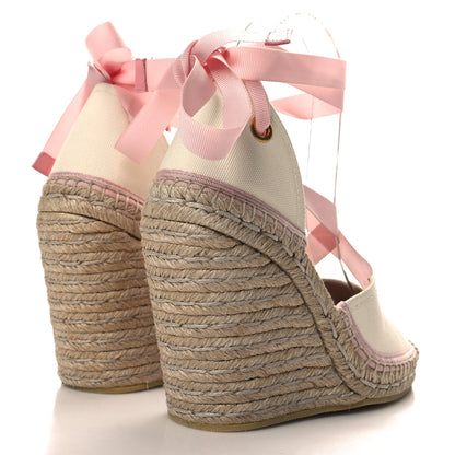Gucci Canvas Grossgrain Embroidered Judit Ankle Wrap Platform 35/120mm Espadrille Wedges 36 White Shell 4 of 8