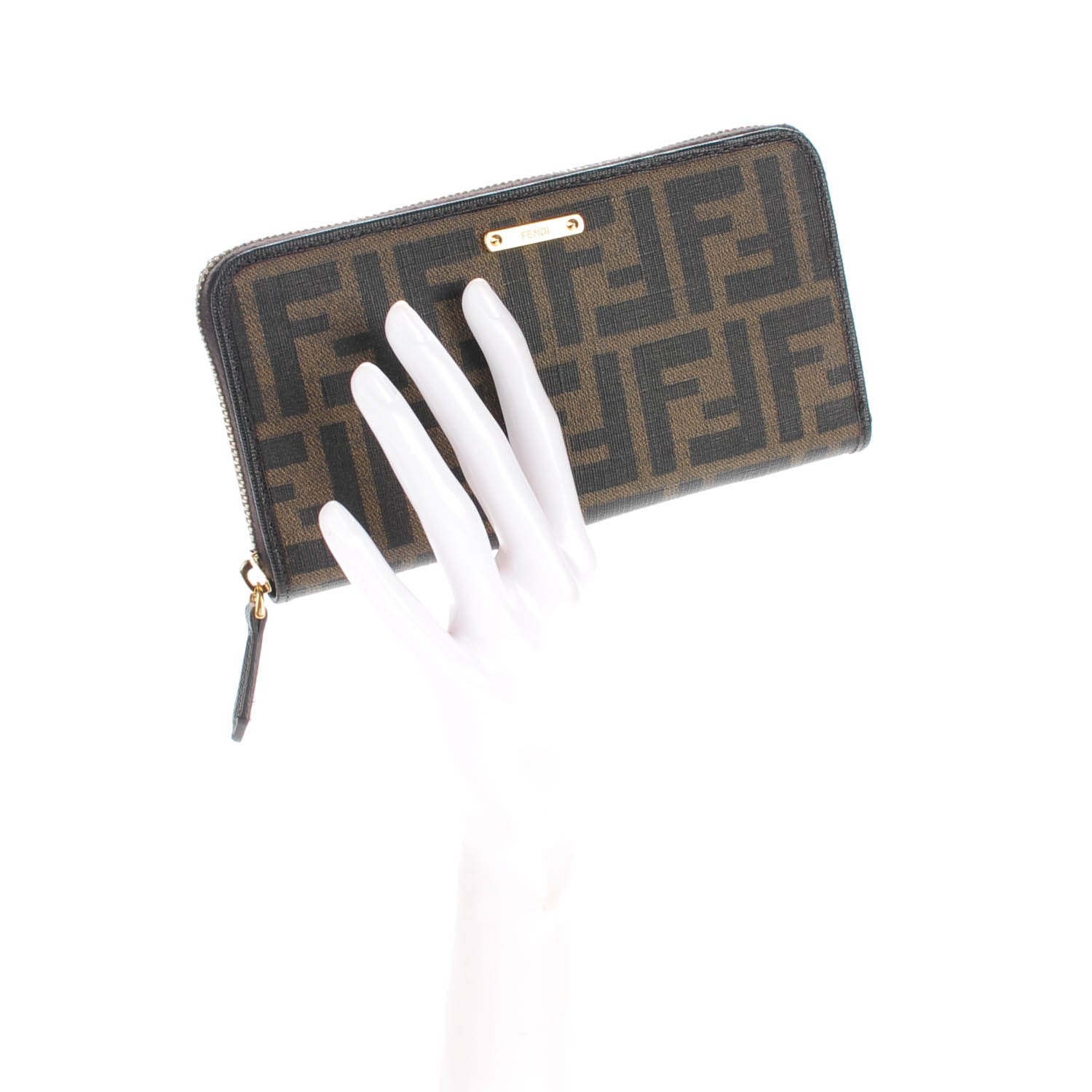 Fendi Zucca Spalmati Vitello Elite Zip Around Wallet Tobacco Ebano 2 of 8