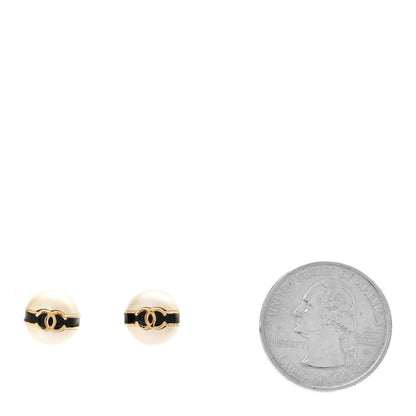 Chanel Pearl Metal CC Stud Earrings Gold Black White 2 of 5
