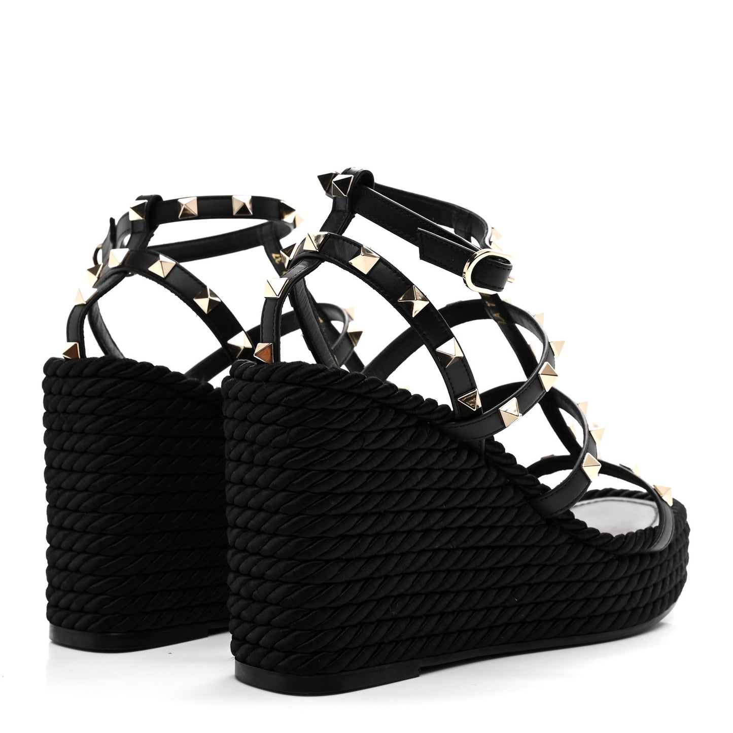 Calfskin Rockstud Ankle Strap Torchon Espadrille Caged 25/95mm Wedge Sandals 37 Black