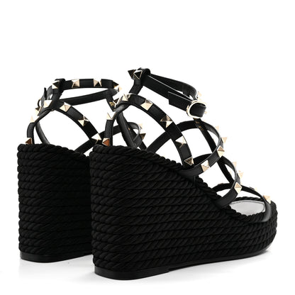 Valentino Garavani Calfskin Rockstud Ankle Strap Torchon Espadrille Caged 25/95mm Wedge Sandals 37 Black 5 of 9