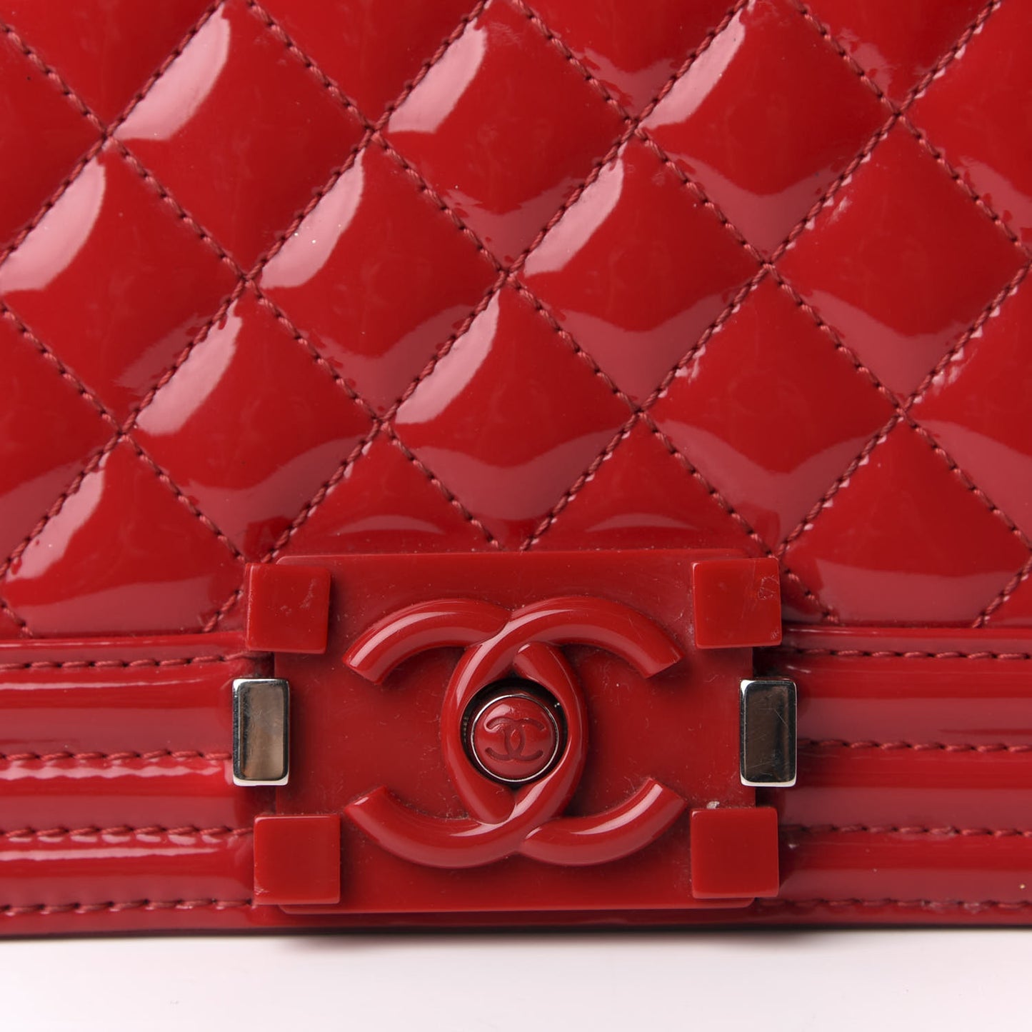 Patent Calfskin Quilted Medium Plexiglass Boy Flap Red