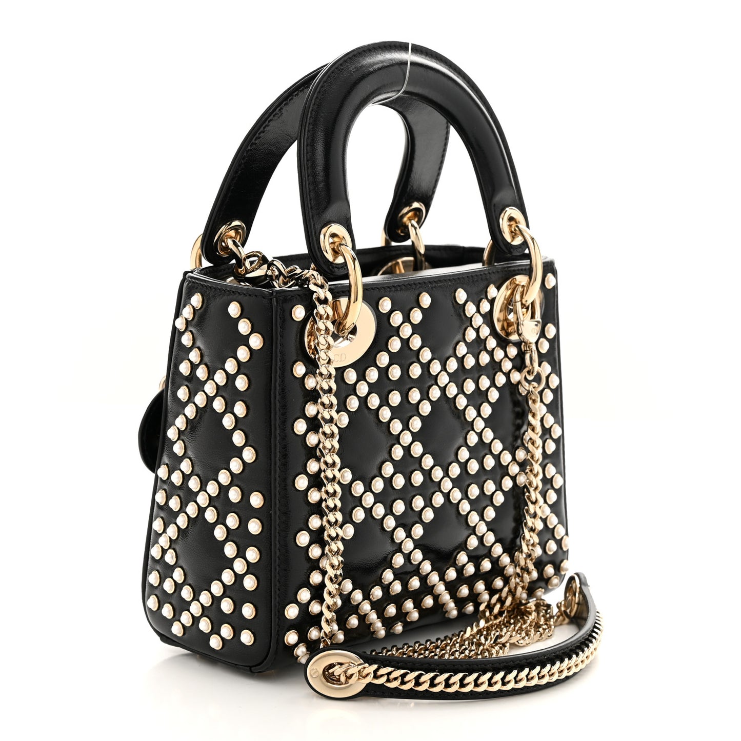 Crinkle Effect Lambskin Pearl Cannage Mini Lady Dior Black