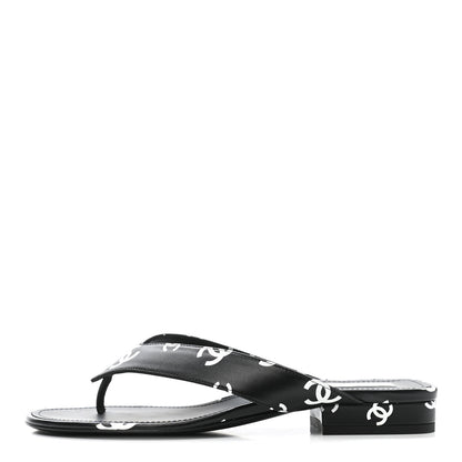 Chanel Lambskin Printed CC Thong Sandals 37 Black White 1 of 10