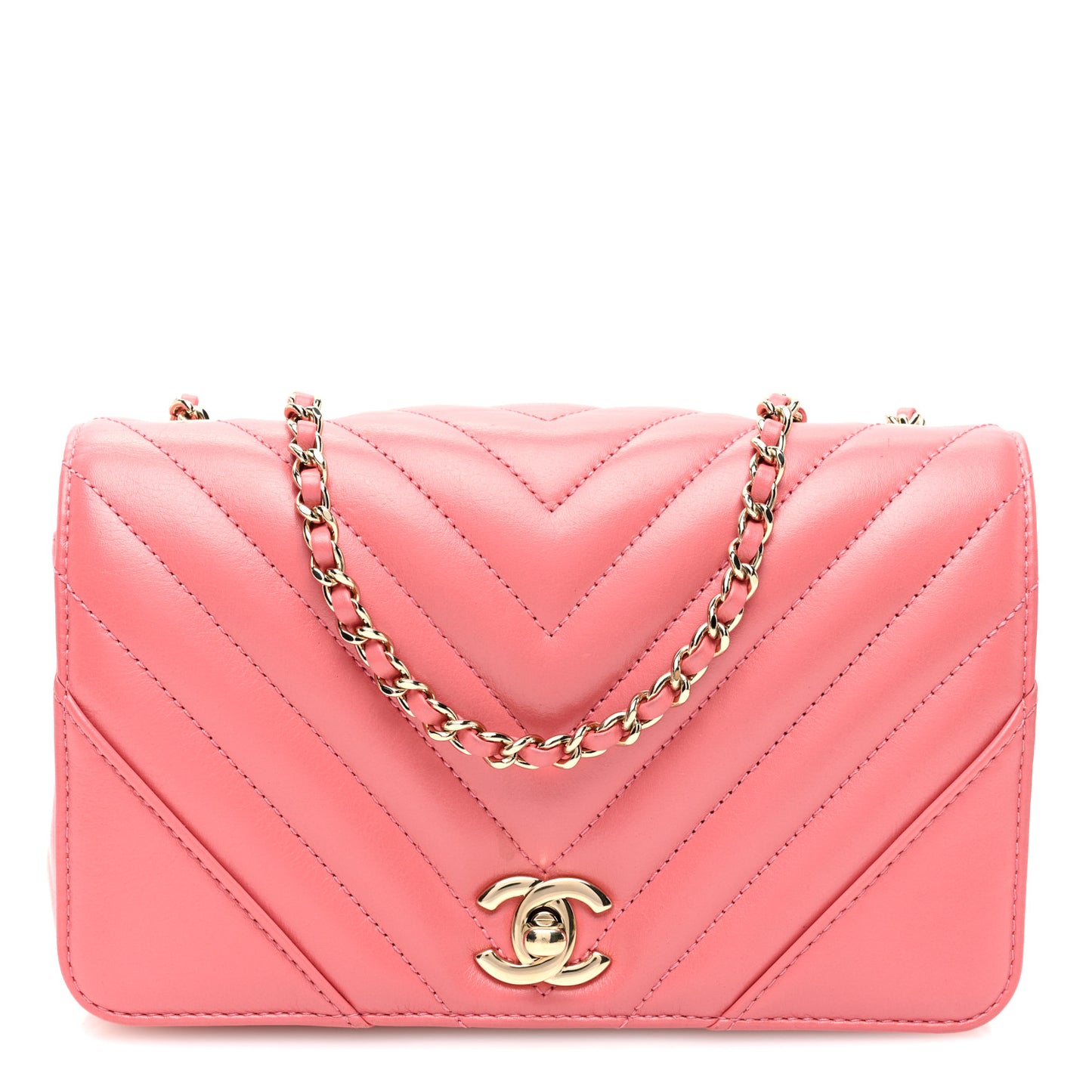 Calfskin Chevron Quilted Mini Statement Flap Pink