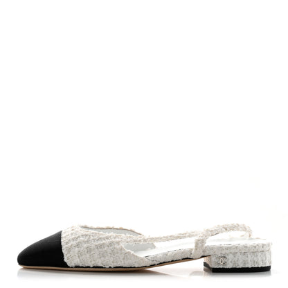 Chanel Tweed Grosgrain Toe CC Slingback Flat 37 White Black 1 of 9