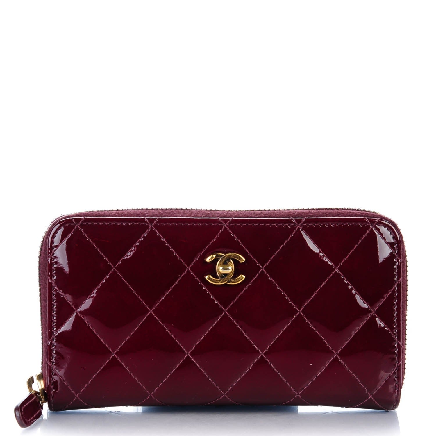 Chanel Patent Quilted Small Zip Around Wallet Burgundy 1 of 7
