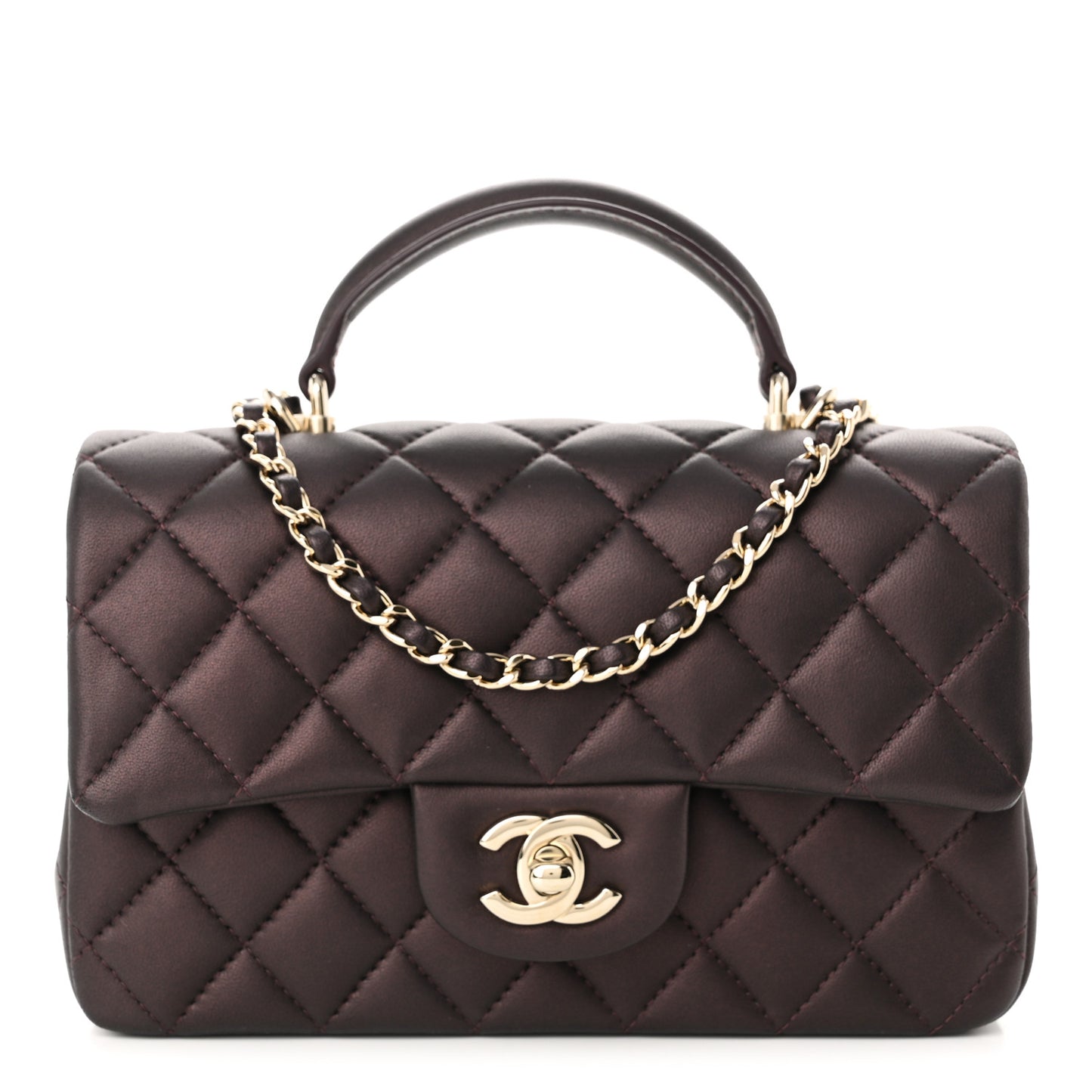 Iridescent Lambskin Quilted Mini Top Handle Rectangular Flap Burgundy