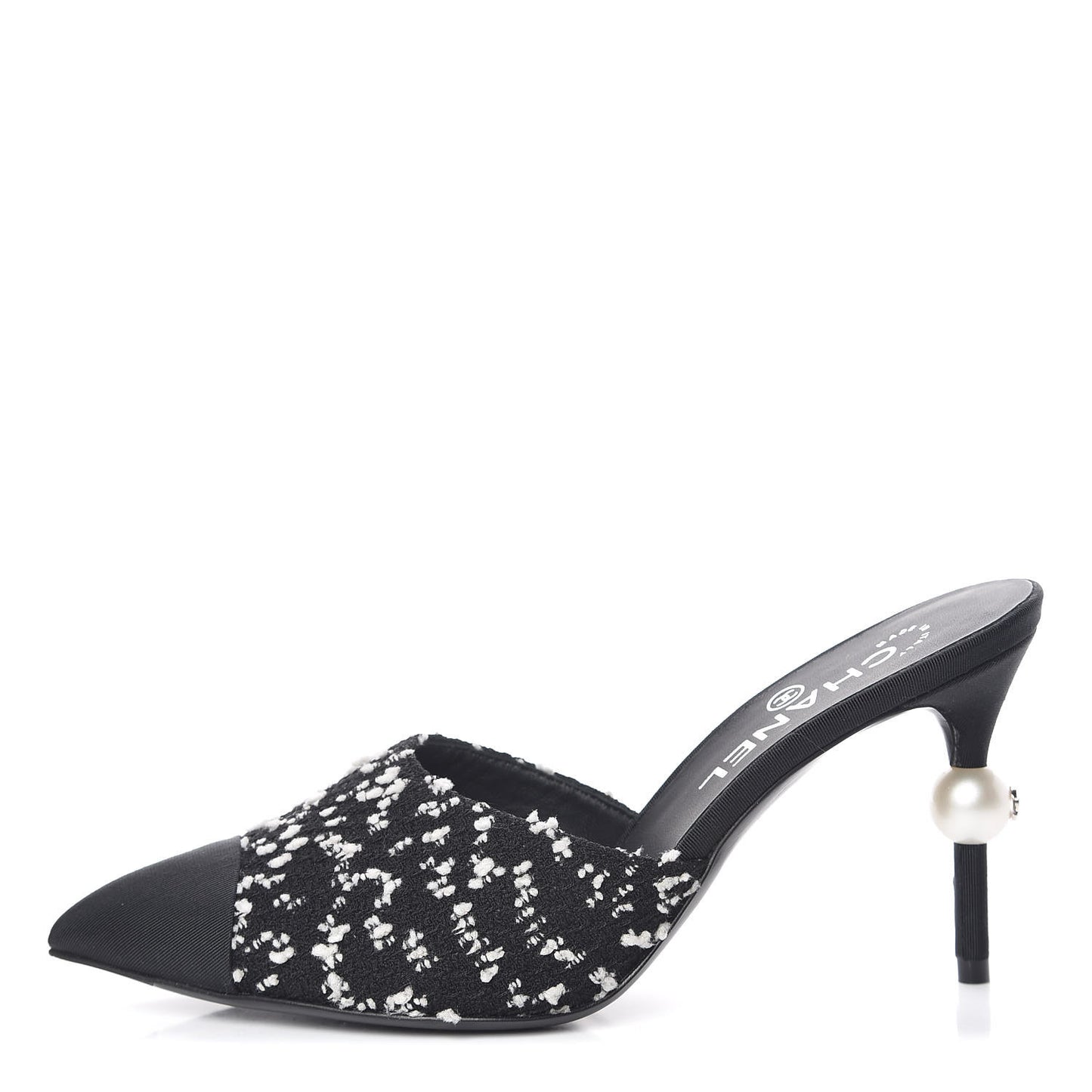 Tweed Grosgrain Pearl Mules 37 Black White