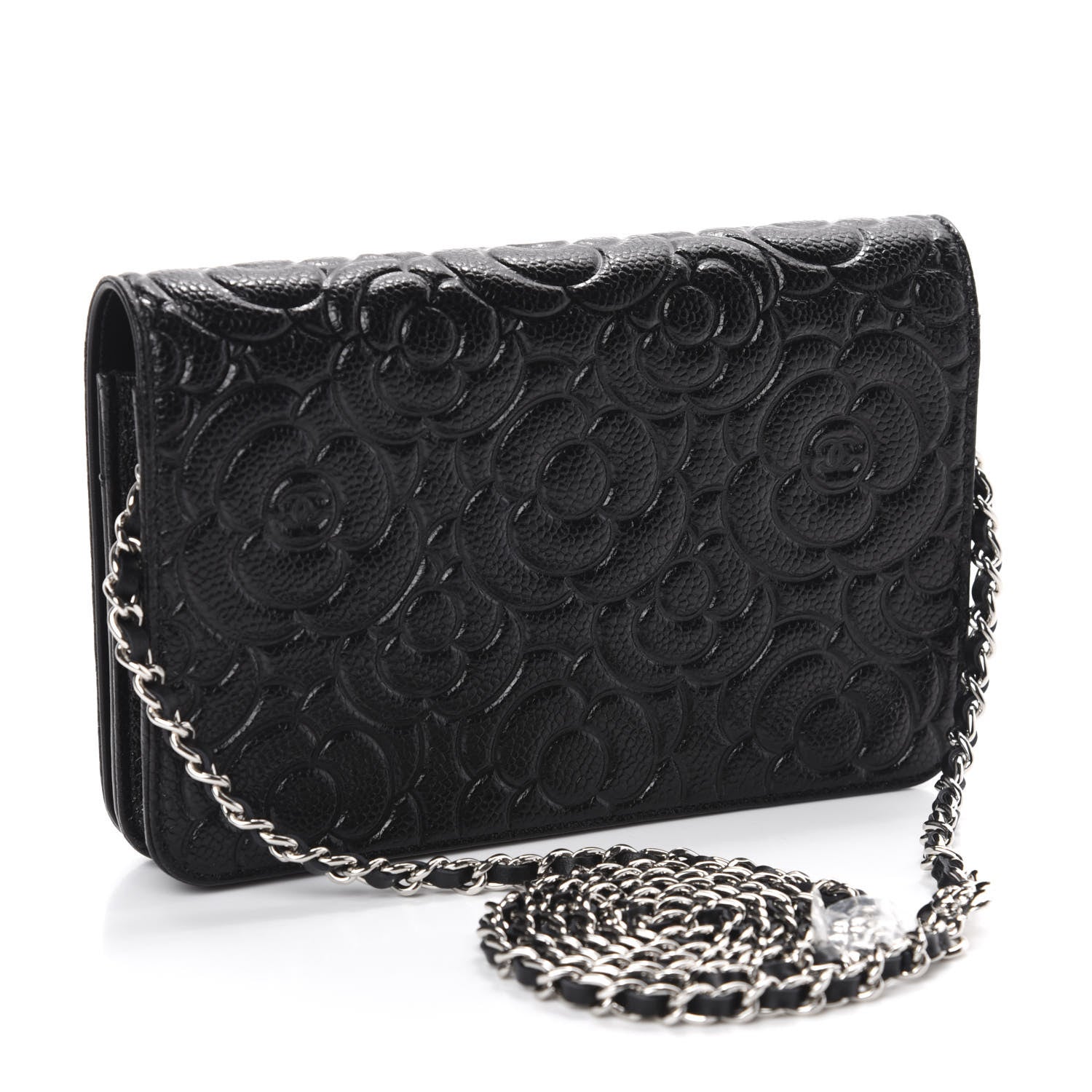Chanel Caviar Camellia Embossed Wallet On Chain WOC Black 3 of 12