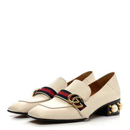 Gucci Betis Glamour Calfskin Web Pearl Embellished Peyton 35mm Loafer Pumps 38 Mystic White 3 of 12