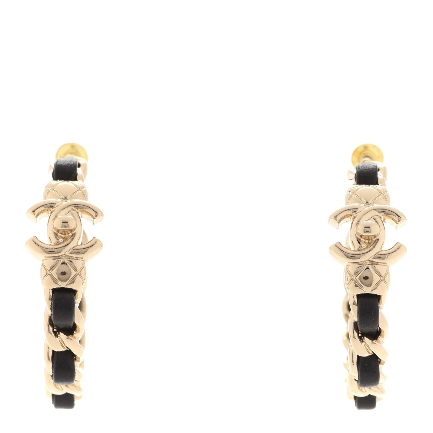 Metal Lambskin Quilted CC Turnlock Chain Hoop Earrings Gold Black