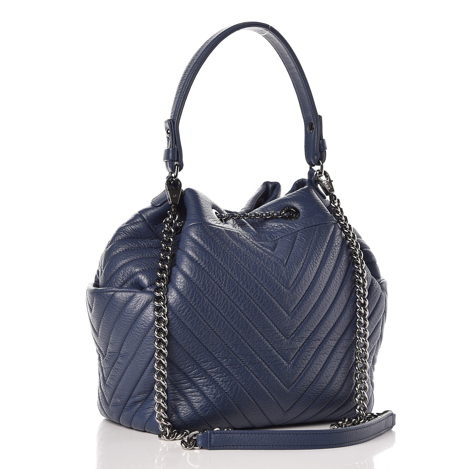 Chanel Deerskin Chevron Medium CC Chain Bucket Drawstring Bag Navy Blue 3 of 9