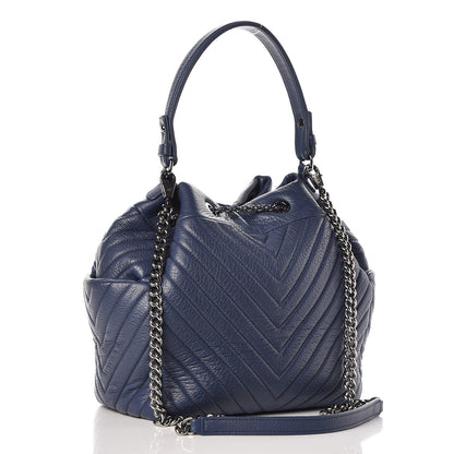 Chanel Deerskin Chevron Medium CC Chain Bucket Drawstring Bag Navy Blue 3 of 9