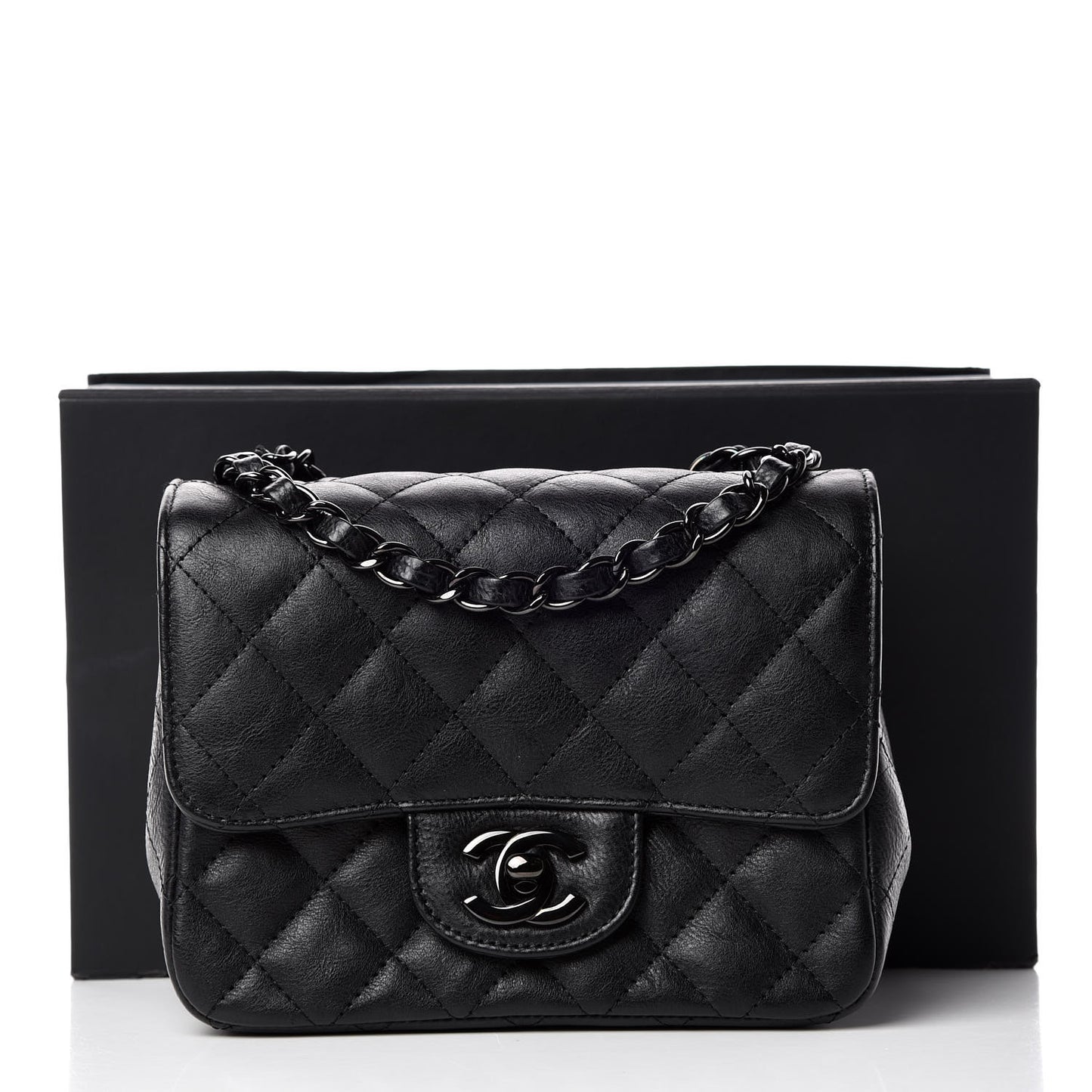 Crumpled Calfskin Quilted Mini Square Flap So Black