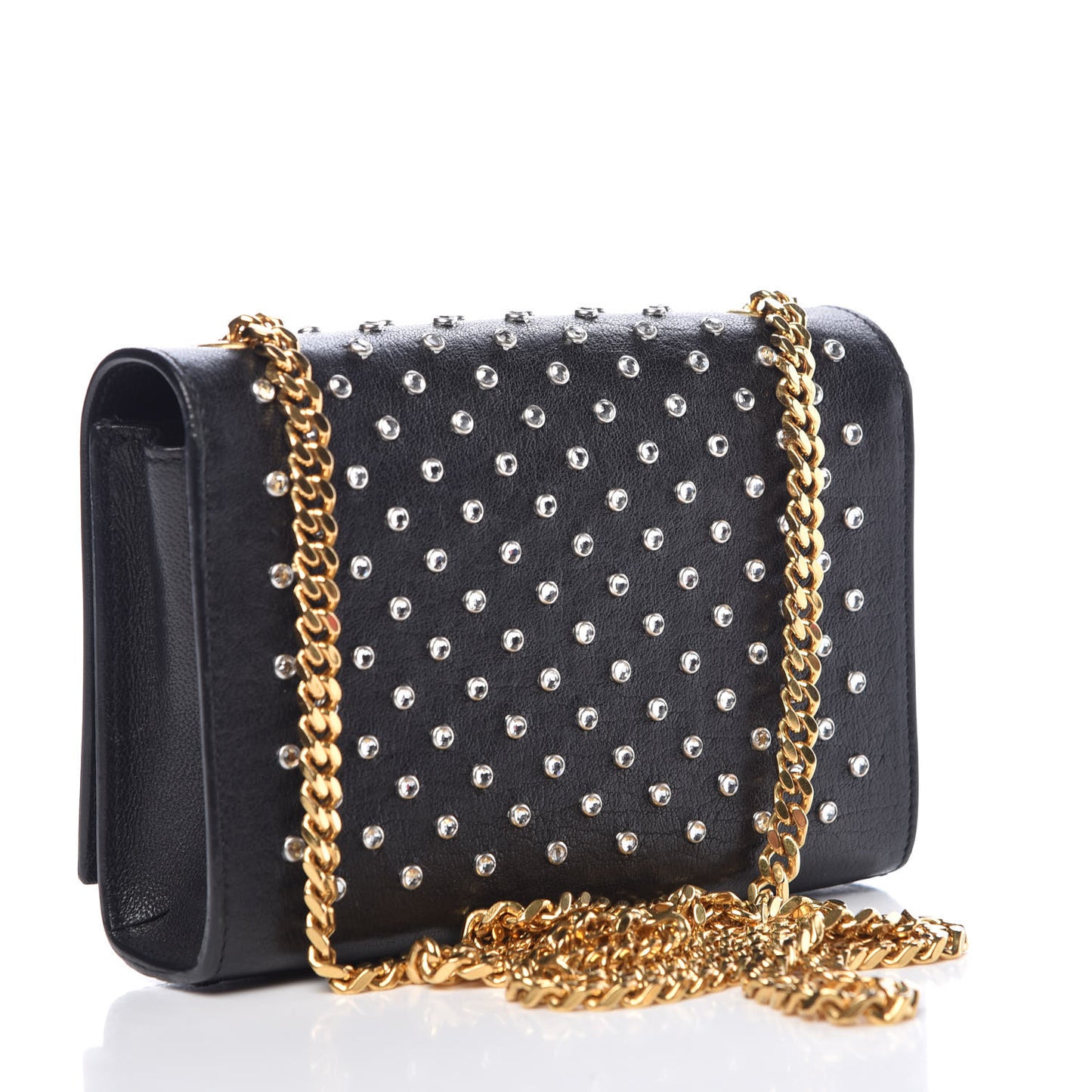 Calfskin Crystal Studded Small Classic Monogram Kate Tassel Satchel Black