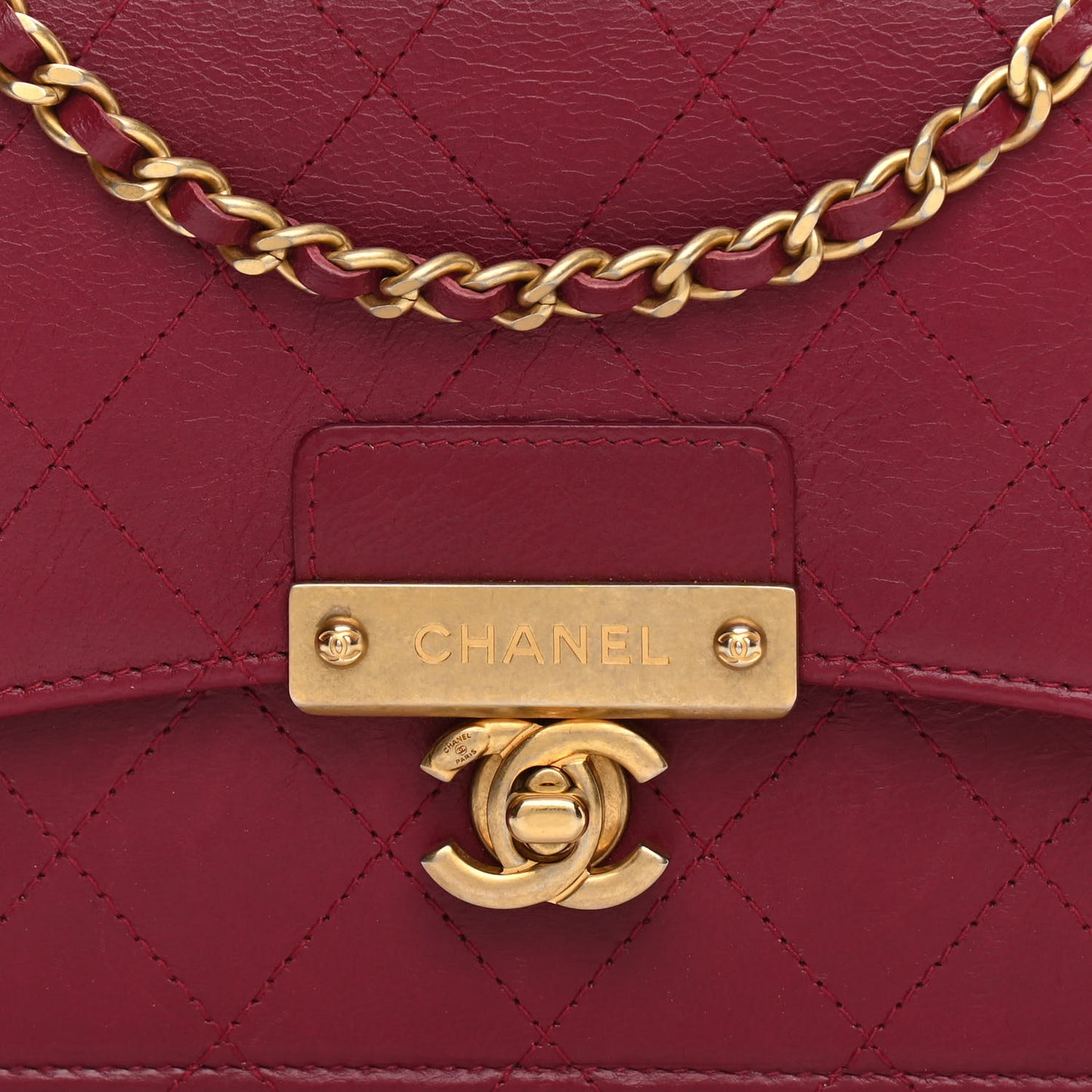 Goatskin Stitched Golden CC Wallet on Chain WOC Dark Red