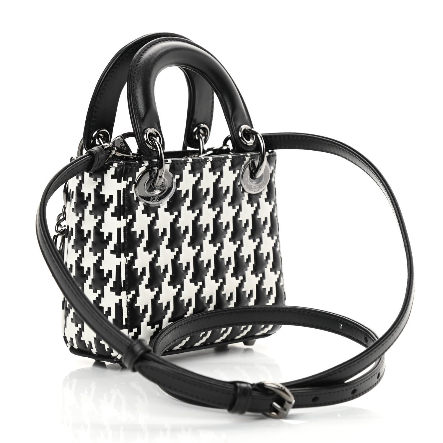 Christian Dior Calfskin Macro Houndstooth Embossed Micro Lady Dior Black White 3 of 9