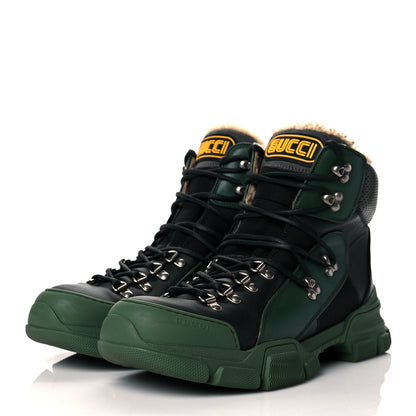 Gucci X SEGA Calfskin Suede Shearling Mens Flashtrek High-Top Sneakers 10 Black Olive Green 3 of 7