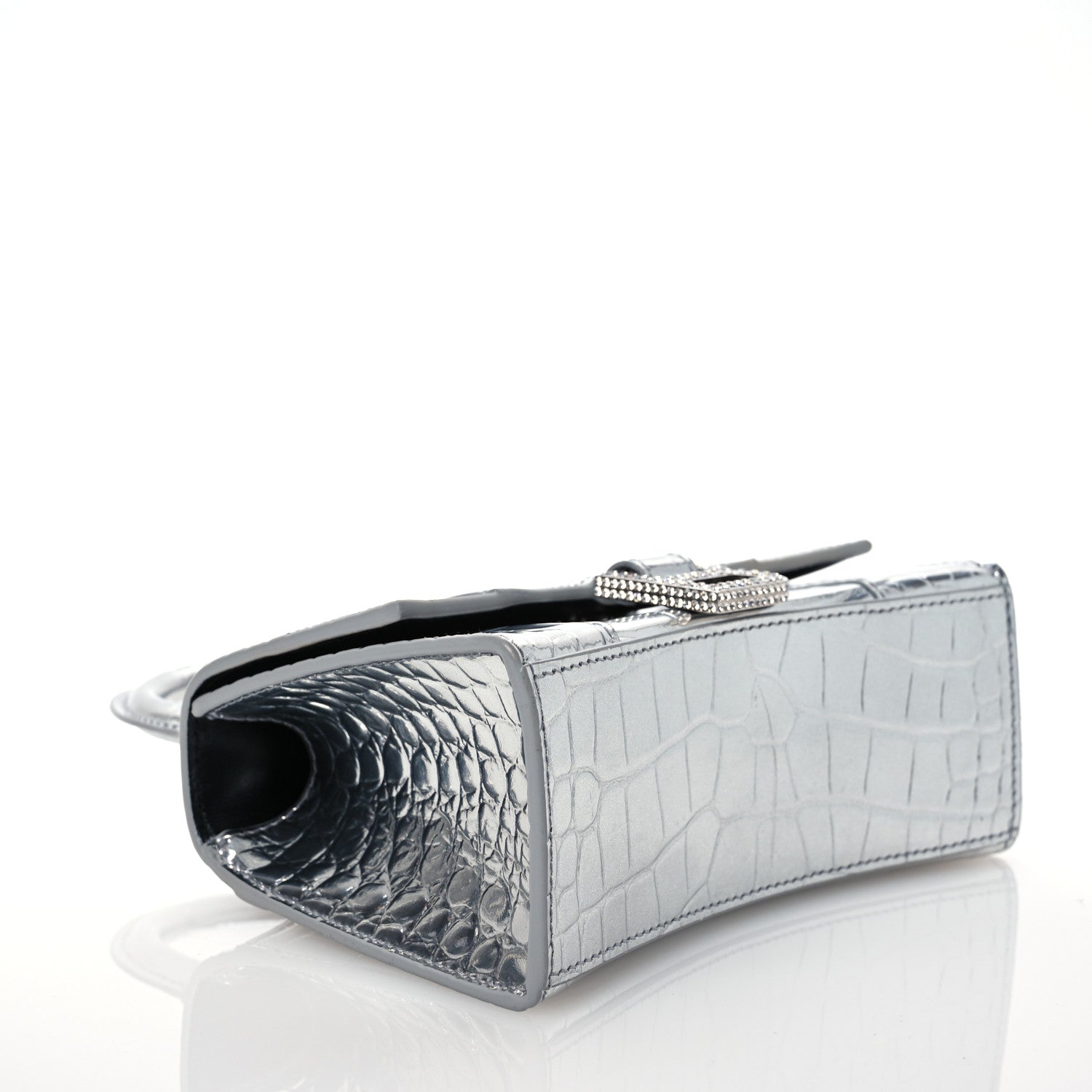 Balenciaga Metallic Calfskin Crocodile Embossed Crystal Hourglass Top Handle Bag XS Silver 10 of 14