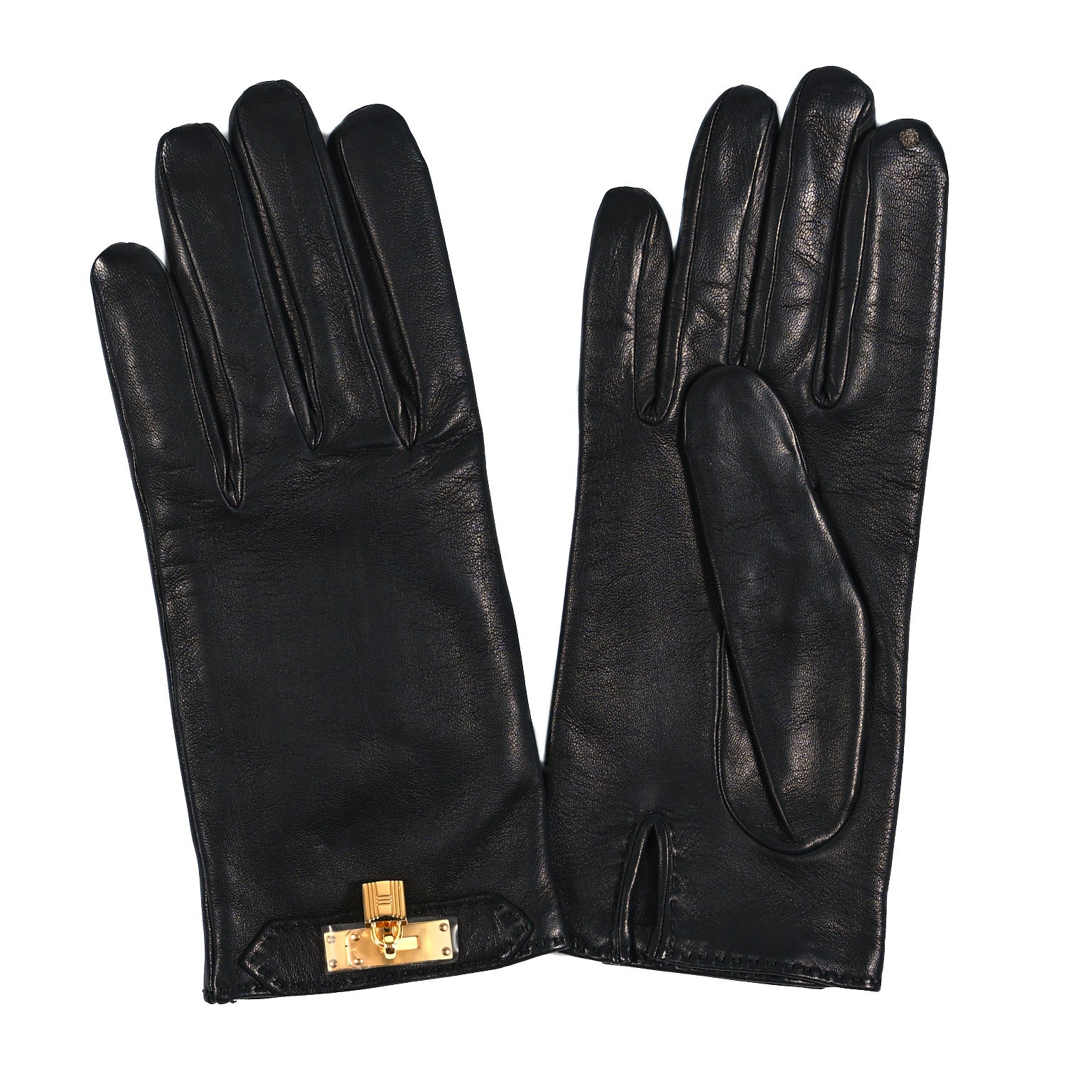 Hermes Lambskin Soya Kelly Lock Gloves 8 Black 1 of 4