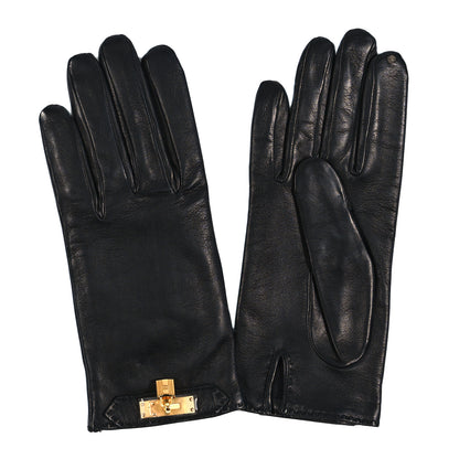 Hermes Lambskin Soya Kelly Lock Gloves 8 Black 1 of 4