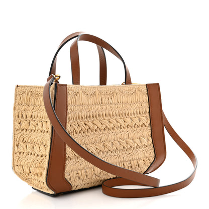 Valentino Garavani Raffia Calfskin Small Vlogo Signature Tote Natural Saddle Brown 3 of 9