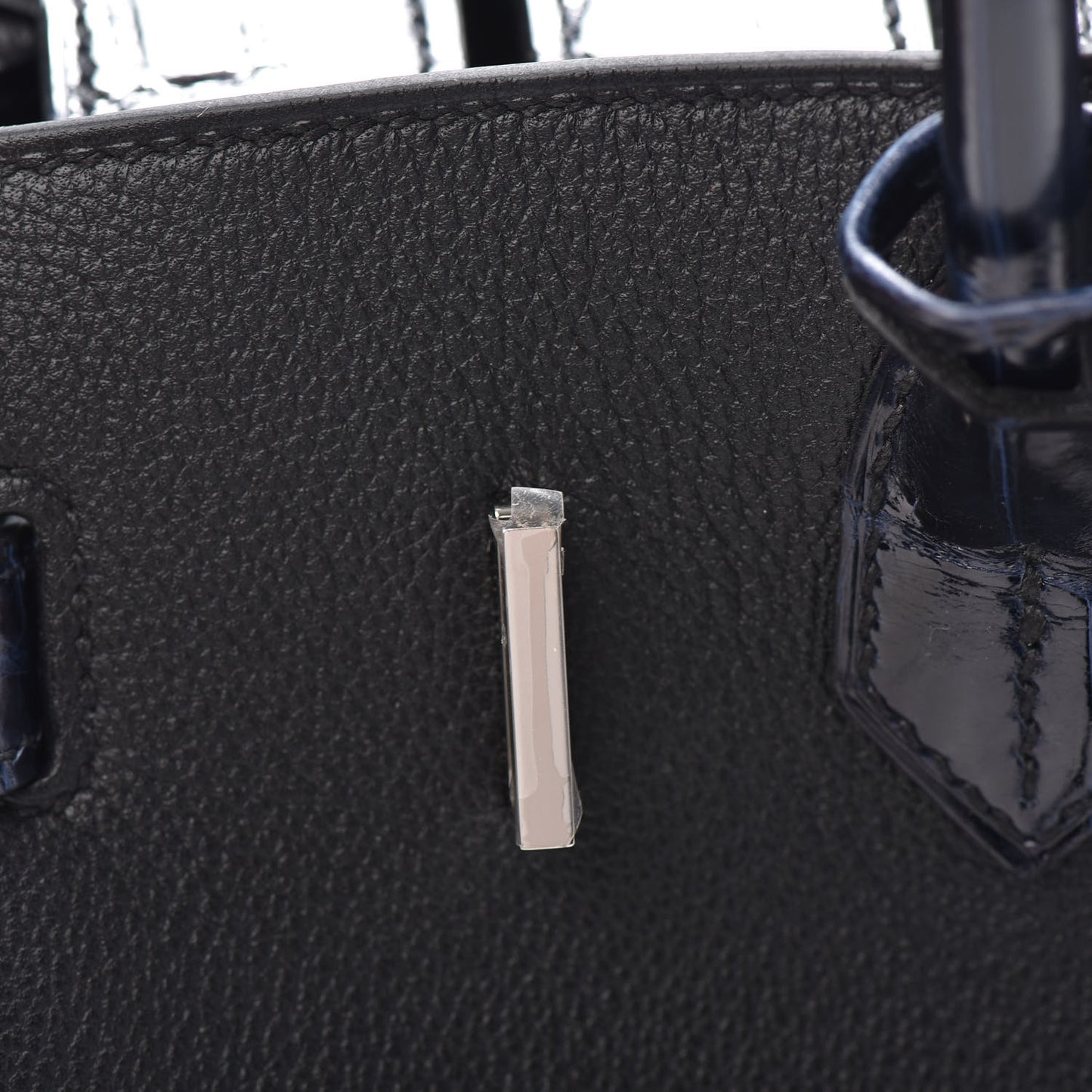 Taurillon Novillo Shiny Niloticus Crocodile Birkin Touch 30 Black Bleu Marine