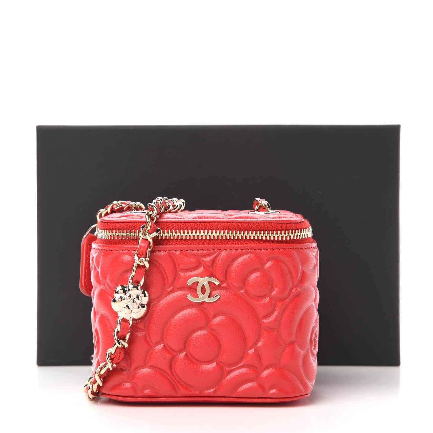 Chanel Lambskin Camellia Embossed Mini Vanity Case With Chain Red 11 of 11