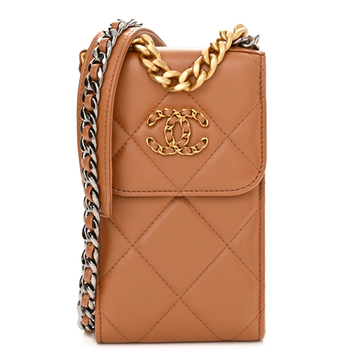 Lambskin Quilted Chanel 19 Phone Holder With Chain Brown
