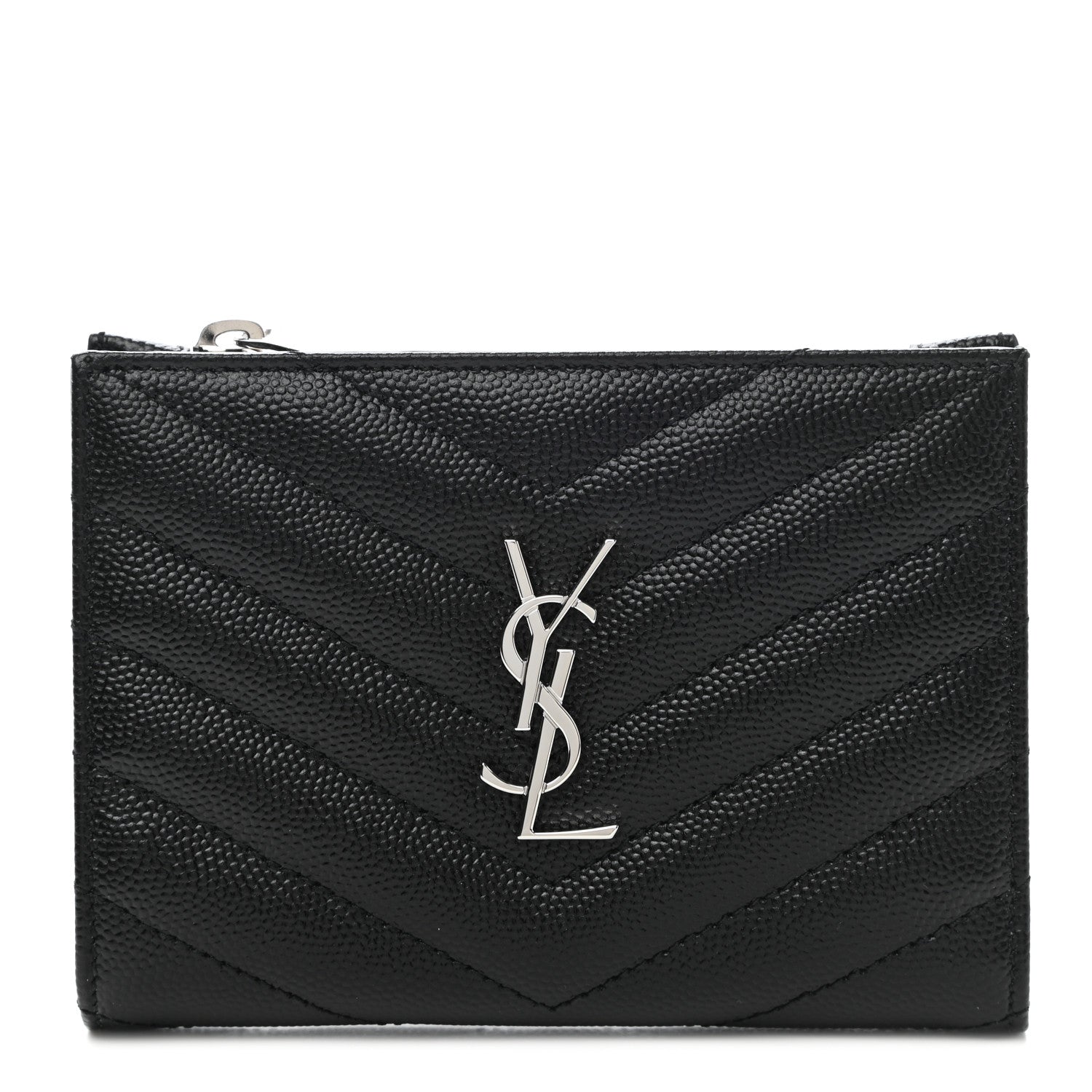 Saint Laurent Grain De Poudre Matelasse Chevron Monogram Zipped Two-Part Wallet Black 1 of 8