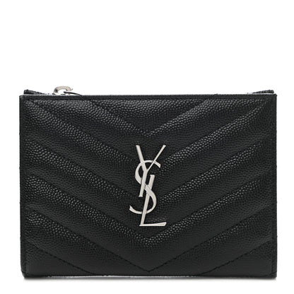 Saint Laurent Grain De Poudre Matelasse Chevron Monogram Zipped Two-Part Wallet Black 1 of 8