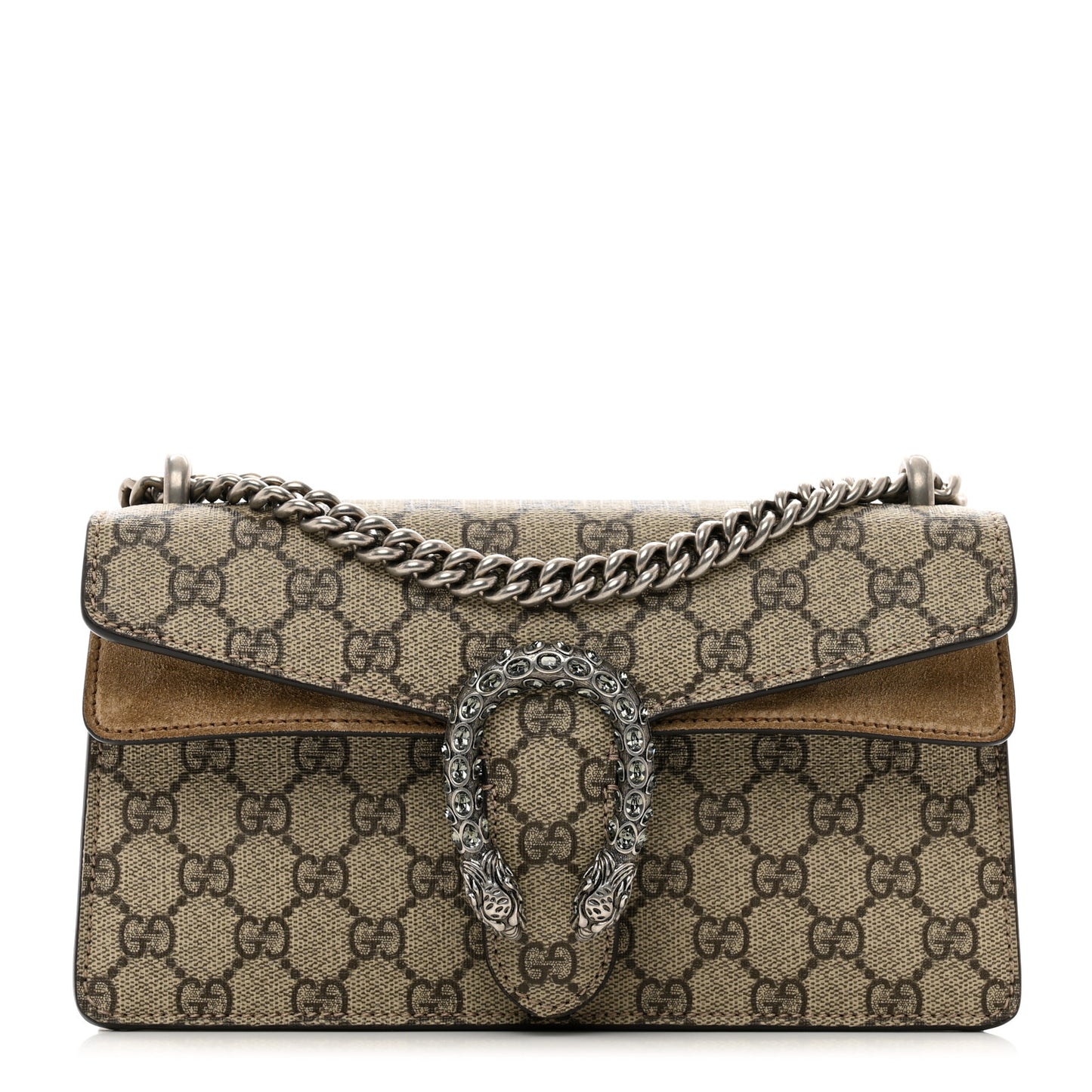 GG Supreme Monogram Suede Crystal Small Dionysus Shoulder Bag Beige Ebony Taupe