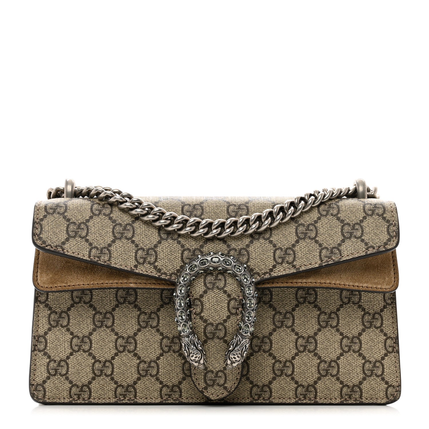 Gucci GG Supreme Monogram Suede Crystal Small Dionysus Shoulder Bag Beige Ebony Taupe 1 of 9